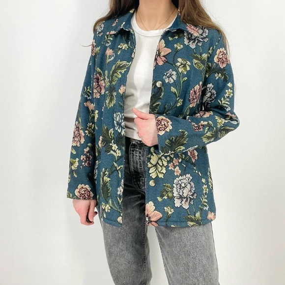 vintage spruce blue boho floral tapestry button down jacket size M - Picture 8 of 9